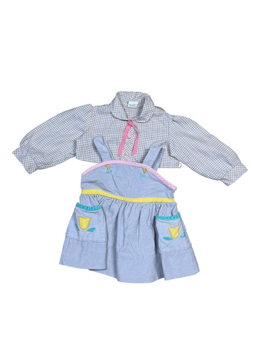 Vintage 70s Pastel Blue Pink Tulip Corduroy Romper + Plaid Shirt Set Baby 2T
